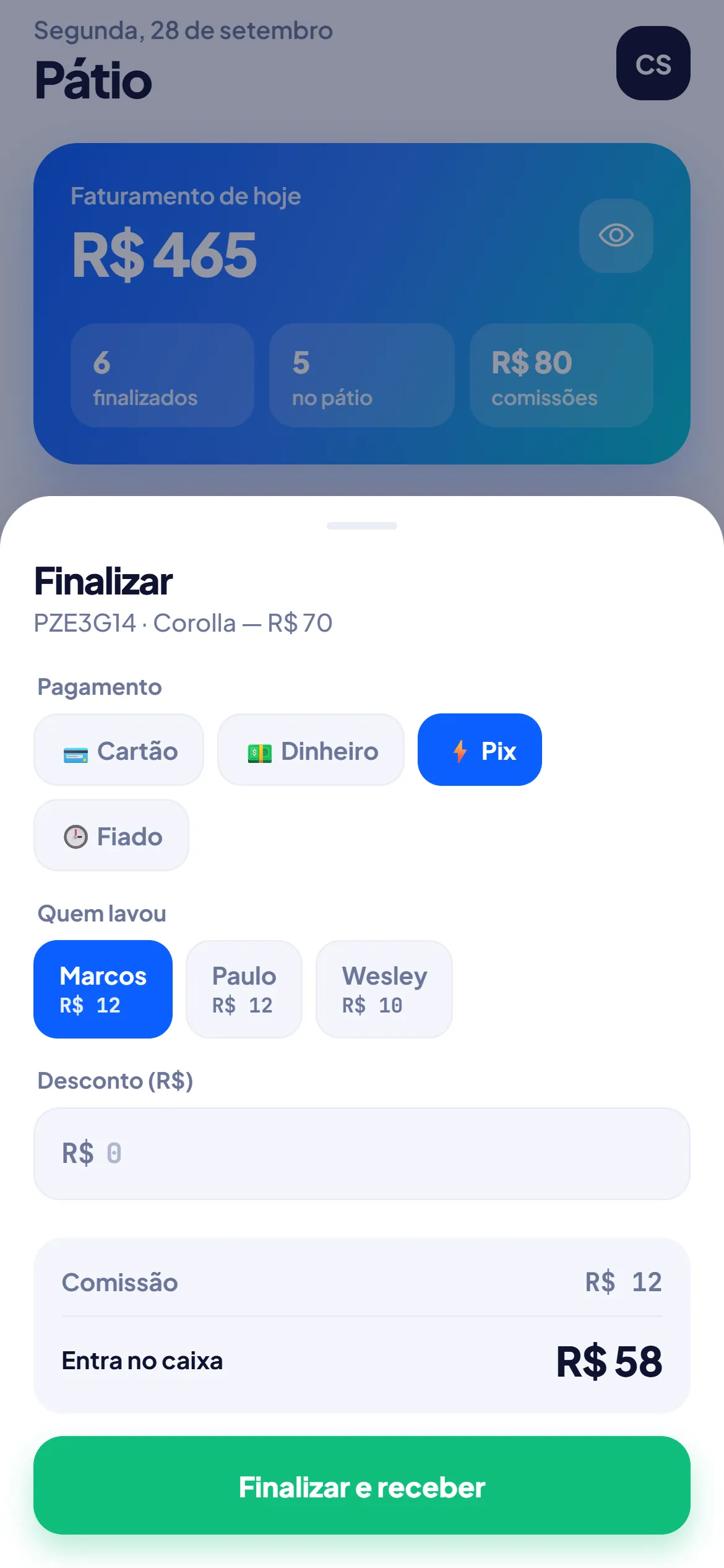 Tela de finalizar: Pix e o lavador escolhidos, com a comissão e o que entra no caixa